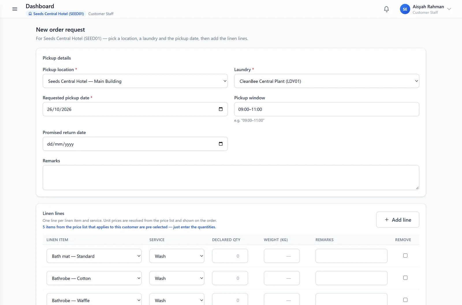 The new order request, with five price-list lines pre-selected.